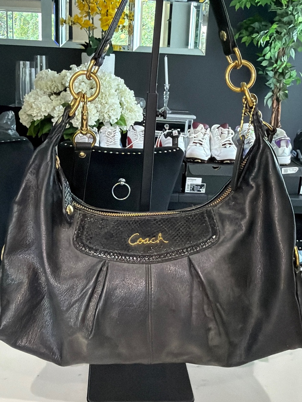 Coach Ashley Hobo Black Leather Shoulder Bag with Gold-Tone Hardware